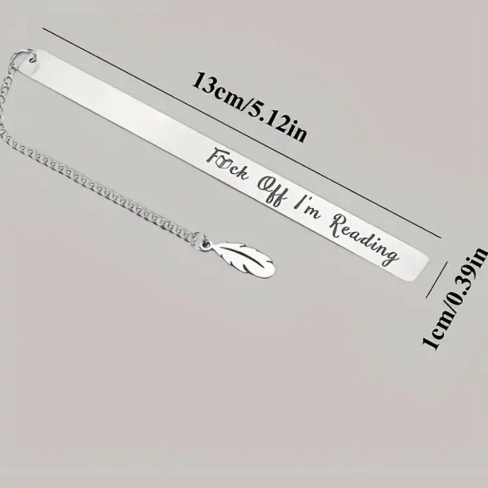 Silver "F_ck Off I'm Reading" Metal Bookmark with Book Charm - Picture 2 of 3